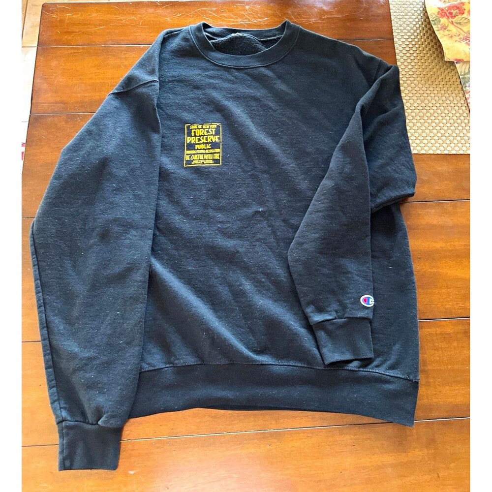 Champion Mens Crewneck Pullover Sweatshirt Black L Forest Preserve Graphic